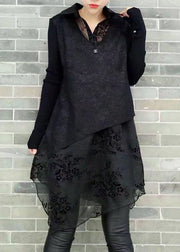 Natural Black Peter Pan Collar Asymmetrical Print Knit Patchwork Chiffon Mid Dress Long Sleeve