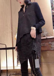 Natural Black Peter Pan Collar Asymmetrical Print Knit Patchwork Chiffon Mid Dress Long Sleeve