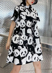 Natural Black Print A Line Long Dress Short Sleeve Cotton Summer - SooLinen