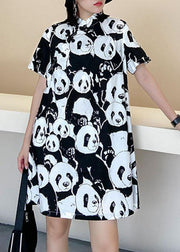 Natural Black Print A Line Long Dress Short Sleeve Cotton Summer - SooLinen