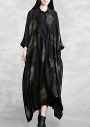 Natural Black Print Dresses Lapel Asymmetric Plus Size Spring Dresses - SooLinen
