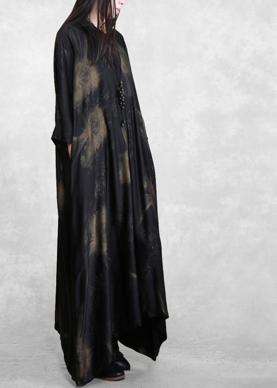 Natural Black Print Dresses Lapel Asymmetric Plus Size Spring Dresses - SooLinen