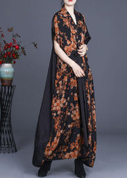 Natural Black Print Patchwork Silk Summer Maxi Dress - SooLinen