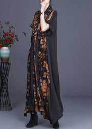 Natural Black Print Patchwork Silk Summer Maxi Dress - SooLinen