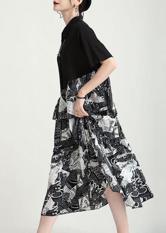 Natural Black Print Patchwork Summer Button Maxi Dresses - SooLinen