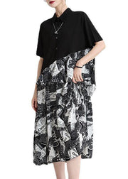 Natural Black Print Patchwork Summer Button Maxi Dresses - SooLinen