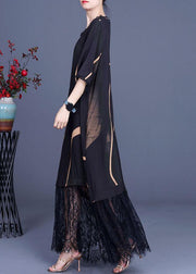 Natural Black Silk Print Patchwork Lace Vacation Dresses Summer - SooLinen