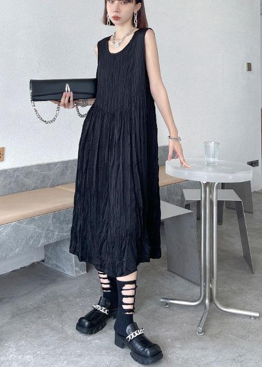 Natural Black Sleeveless Folds Maxi Dresses - SooLinen