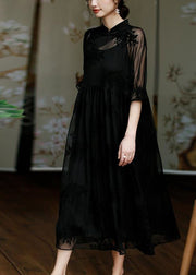 Natural Black Stand Collar Embroidered Floral Button Tulle Long Dress Half Sleeve