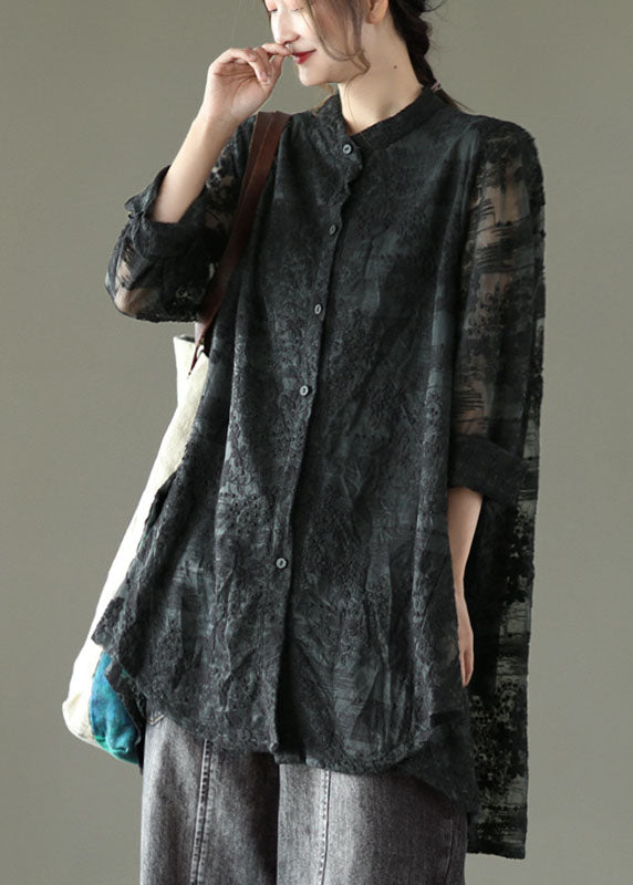 Natural Black Stand Collar Embroidered Lace Long Shirt Long Sleeve