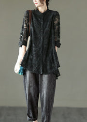Natural Black Stand Collar Embroidered Lace Long Shirt Long Sleeve