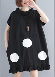 Natural Black Stand Collar Ruffled Dot Print Holiday Dresses Short Sleeve