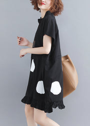 Natural Black plaid Stand Collar Ruffled Dot Print Holiday Dresses Short Sleeve
