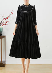 Natural Black Stand Collar Ruffled Patchwork Pearl Silk Velour Dress Fall