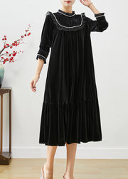 Natural Black Stand Collar Ruffled Patchwork Pearl Silk Velour Dress Fall