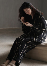 Natural Black Striped Button Velour Pajamas Two Pieces Set Long Sleeve