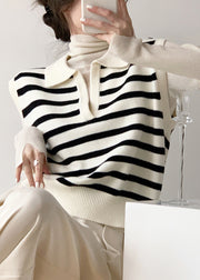 Natural Black Striped Peter Pan Collar Knit Waistcoat Sleeveless