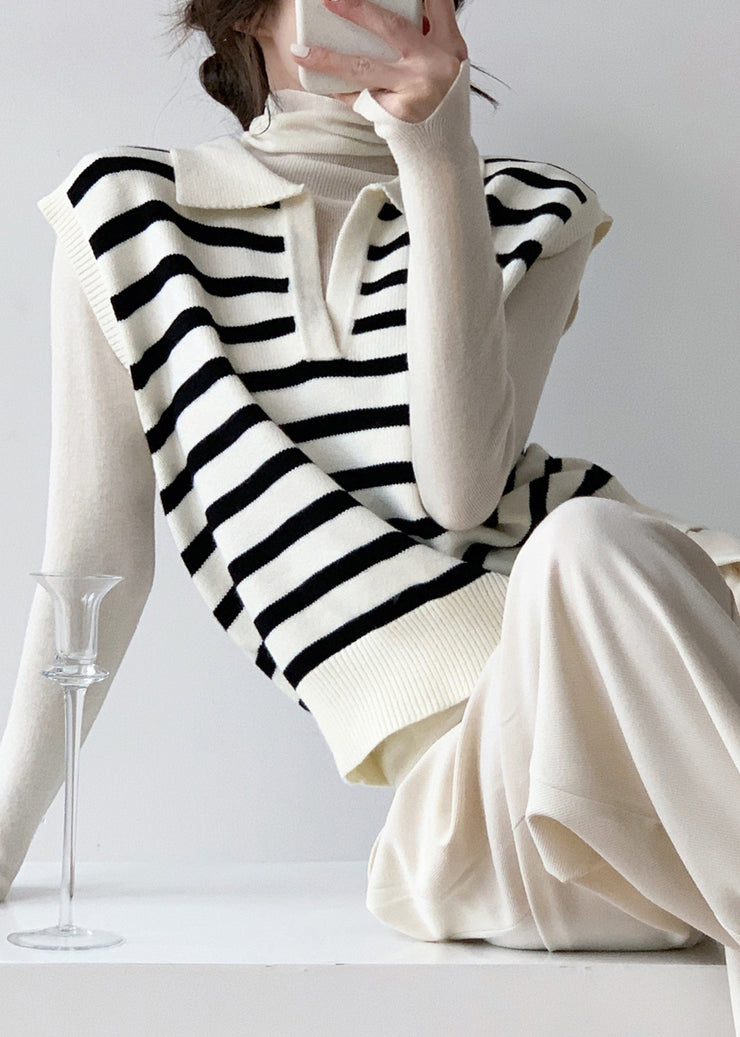 Natural Black Striped Peter Pan Collar Knit Waistcoat Sleeveless