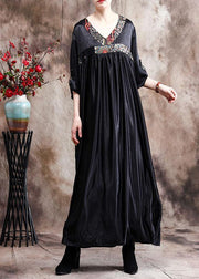 Natural Black Oversize Caftans Gown V Neck Patchwork Baggy Dress - SooLinen