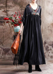 Natural Black Oversize Caftans Gown V Neck Patchwork Baggy Dress - SooLinen