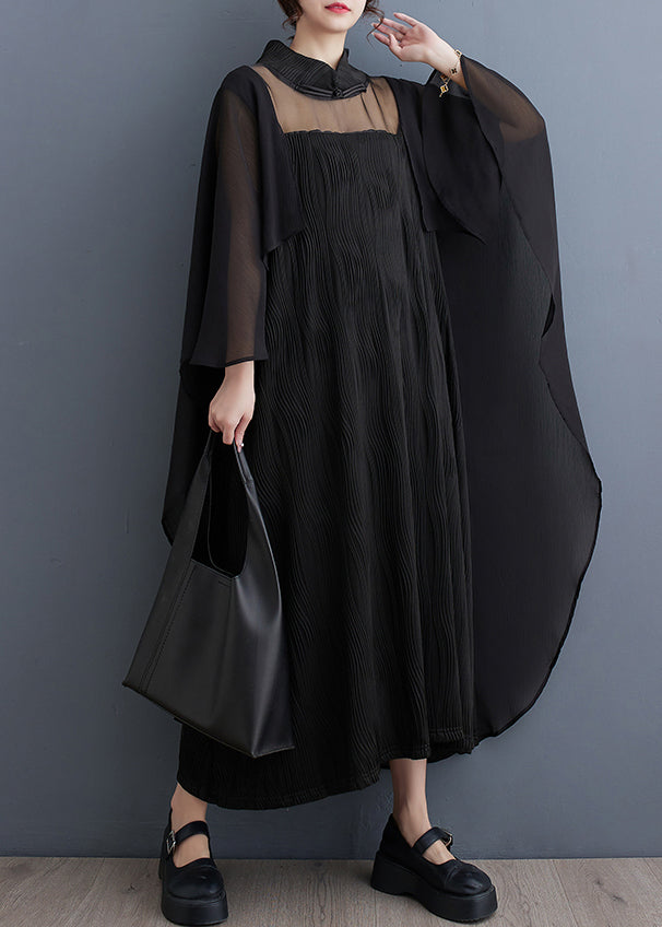 Natural Black Turtleneck Asymmetrical Tulle Holiday Long Dress Spring