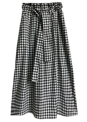 Natural Black White Plaid Bow A Line Summer Skirt Cotton - SooLinen