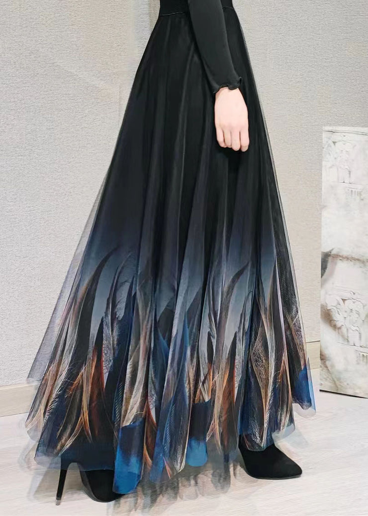 Natural Black Wrinkled Print High Waist Tulle Skirt Spring