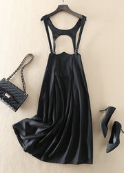 Natural Black Zip Up Pockets Silk Dress Sleeveless