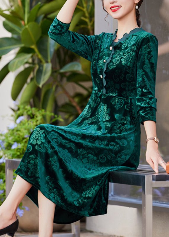Natural Blackish Green Print Patchwork Button Silk Velour Maxi Dress Fall