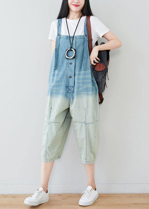 Natural Blue Casual Pockets Button Gradient Color Fall Rompers Cotton - SooLinen
