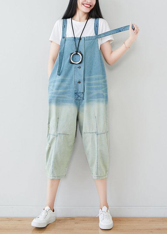 Natural Blue Casual Pockets Button Gradient Color Fall Rompers Cotton - SooLinen
