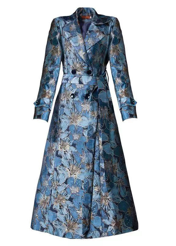 Natural Blue Double Breast Jacquard Pockets Patchwork Cotton Trench Fall