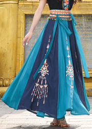 Natural Blue Embroideried Lace Up Patchwork Chiffon Skirt Spring