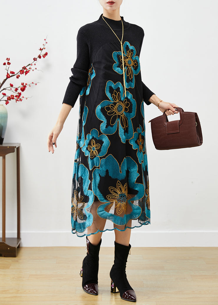 Natural Blue Embroidered Patchwork Knit Dress Fall