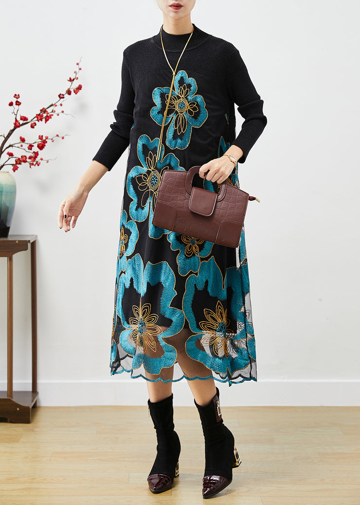 Natural Blue Embroidered Patchwork Knit Dress Fall