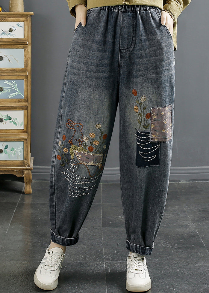 Natural Blue Embroidered Pockets Elastic Waist Denim Pants Fall