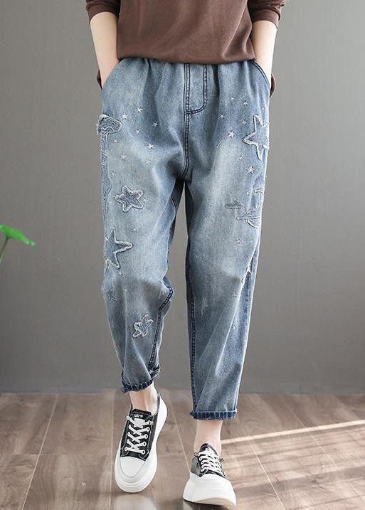 Natural Blue Embroidered Pockets Patchwork Denim Pants Summer