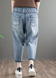 Natural Blue Embroidered Pockets Patchwork Denim Pants Summer
