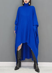 Natural Blue Hign Neck Low High Design Knitwear Dress Fall