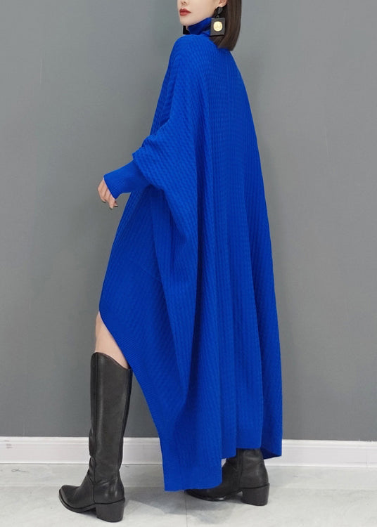 Natural Blue Hign Neck Low High Design Knitwear Dress Fall