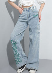 Natural Blue Hole Embroidered Pockets wide leg Pants Spring