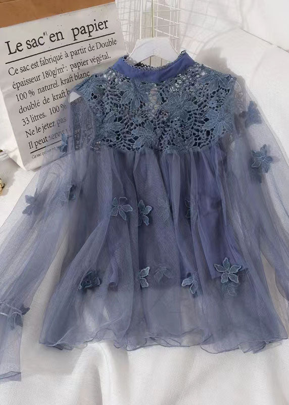 Natural Blue Hollow Out Embroidered Patchwork Tulle Two Piece Set Spring