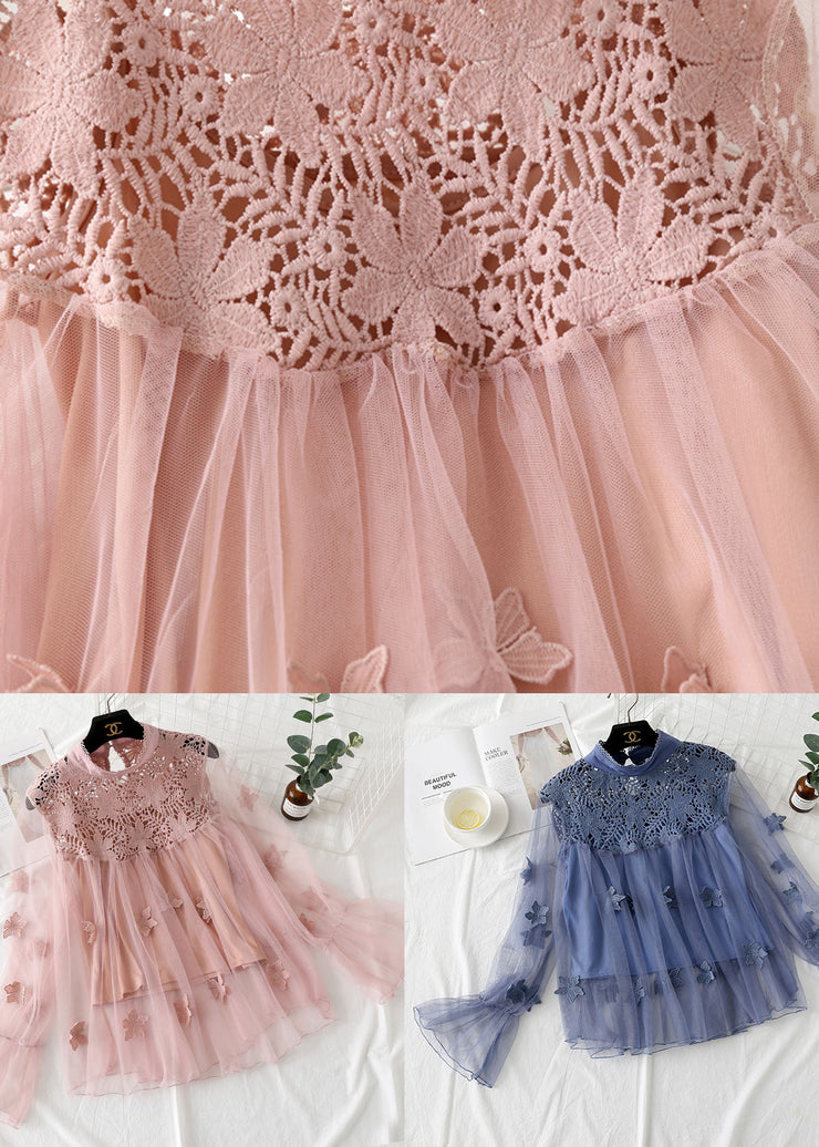 Natural Blue Hollow Out Embroidered Patchwork Tulle Two Piece Set Spring