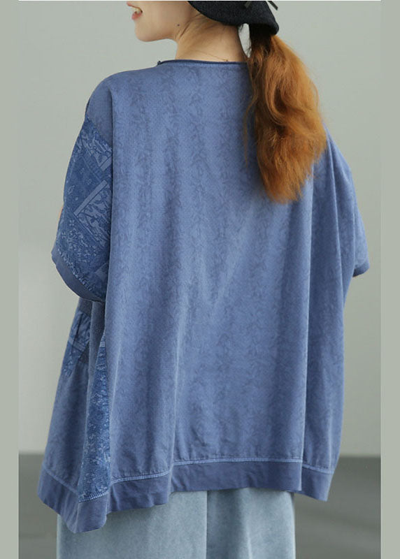 Natürliches blaues lockeres Herbst-T-Shirt mit O-Ausschnitt und halber Hülse