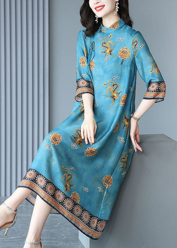 Natural Blue Mandarin Collar Print Silk Long Dress Bracelet Sleeve