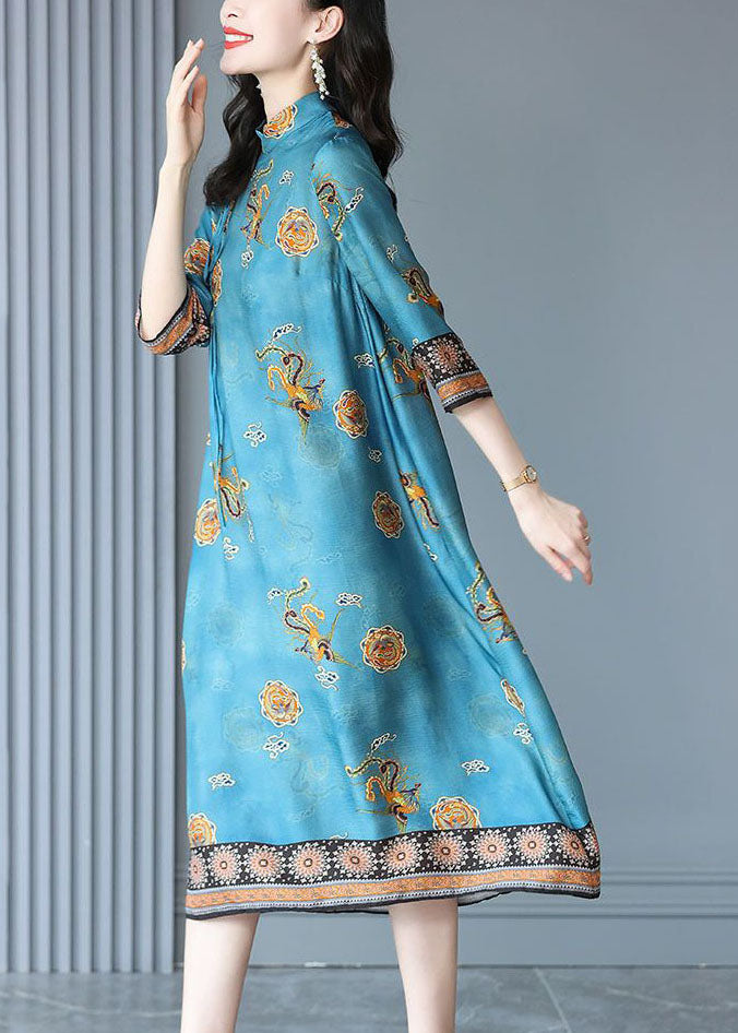 Natural Blue Mandarin Collar Print Silk Long Dress Bracelet Sleeve