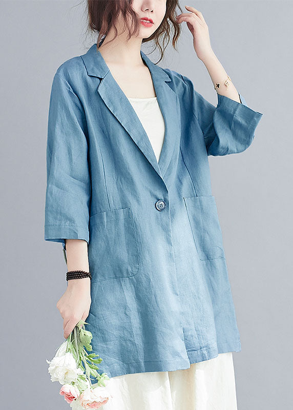 Natural Blue Notched Button Pockets Fall Three Quarter sleeve Blouse Top