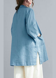 Naturblaue gekerbte Knopftaschen Herbst Bluse mit drei Vierteln Ärmeln