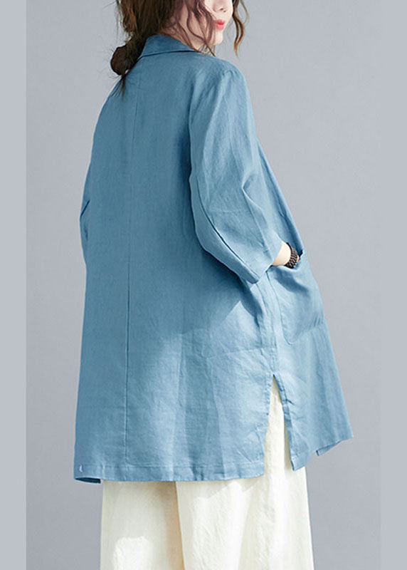Naturblaue gekerbte Knopftaschen Herbst Bluse mit drei Vierteln Ärmeln