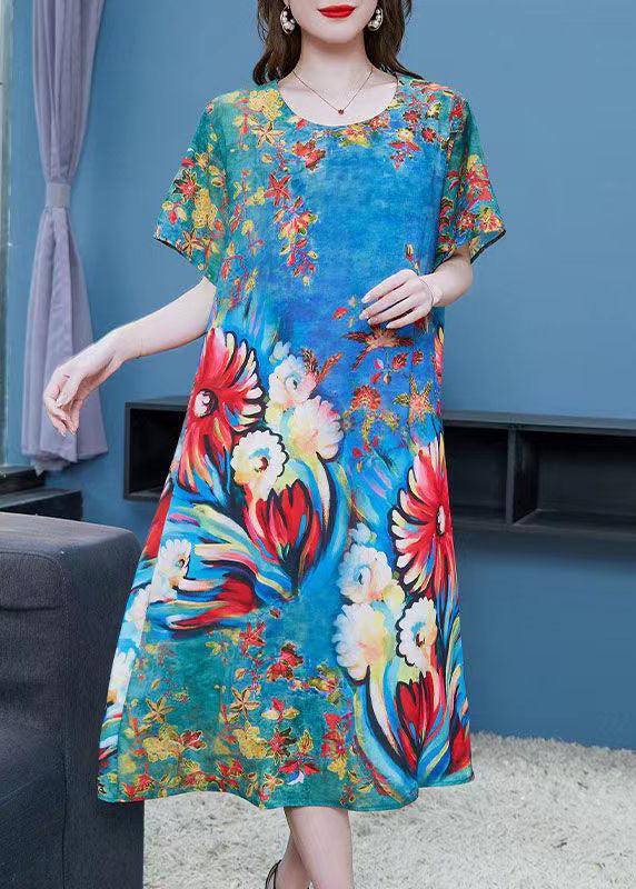 Natural Blue O Neck Print Patchwork Chiffon Dress Summer